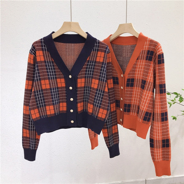 Vintage V-Neck Long Sleeve Women Plaid Sweater Spring Short Knitted Cardigan England Style Chic Tops Ladies Outerwear