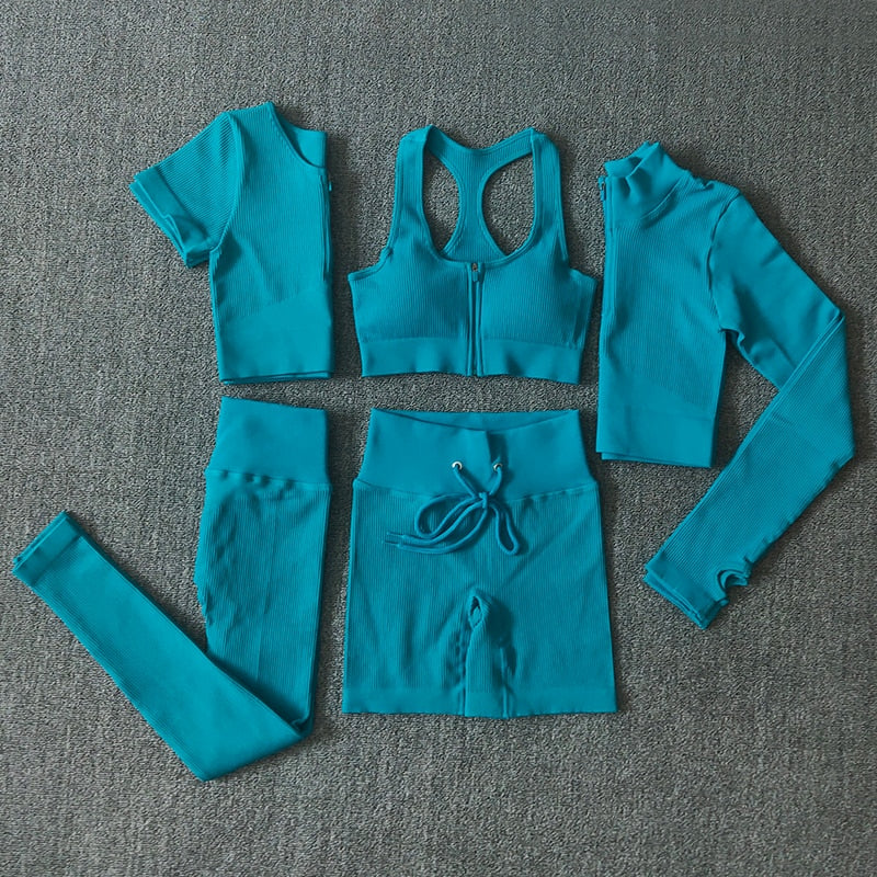 Seamless Women Yoga Set Workout Sportswear Gym Clothing Zipper Long Sleeve High Waist Leggings Fitness Bra Athletic Sports Suits
