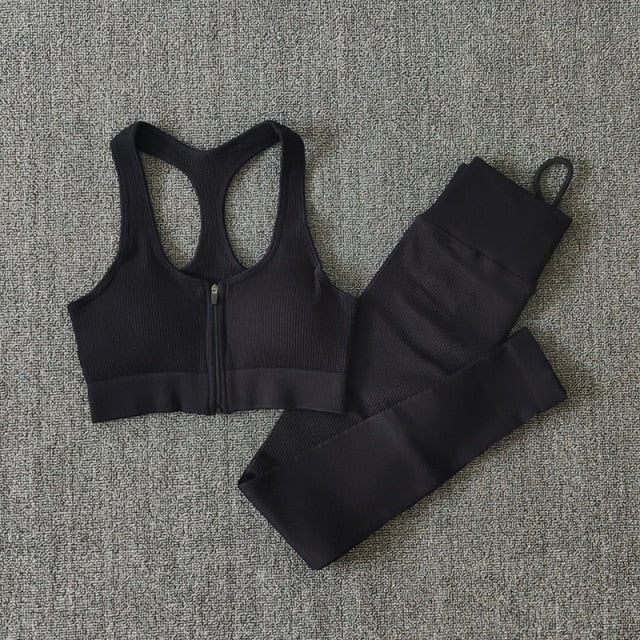 Seamless Women Yoga Set Workout Sportswear Gym Clothing Zipper Long Sleeve High Waist Leggings Fitness Bra Athletic Sports Suits