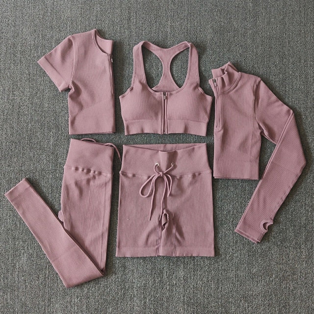 Seamless Women Yoga Set Workout Sportswear Gym Clothing Zipper Long Sleeve High Waist Leggings Fitness Bra Athletic Sports Suits