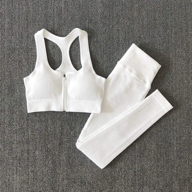 Seamless Women Yoga Set Workout Sportswear Gym Clothing Zipper Long Sleeve High Waist Leggings Fitness Bra Athletic Sports Suits