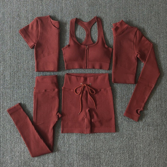 Seamless Women Yoga Set Workout Sportswear Gym Clothing Zipper Long Sleeve High Waist Leggings Fitness Bra Athletic Sports Suits