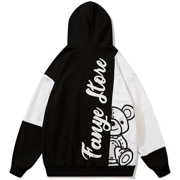 Hoodie Men Color Block Patchwork Letter Bear Print Hooded Pullover Couple Loose Cozy Retro Harajuku Hip Hop Streetwear