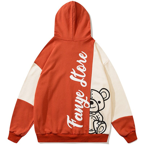 Hoodie Men Color Block Patchwork Letter Bear Print Hooded Pullover Couple Loose Cozy Retro Harajuku Hip Hop Streetwear