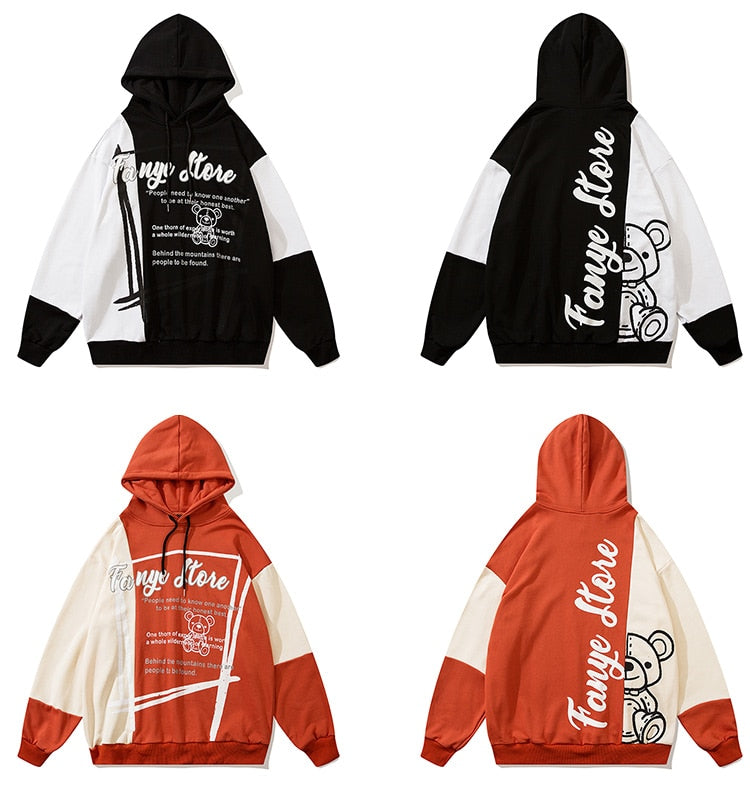 Hoodie Men Color Block Patchwork Letter Bear Print Hooded Pullover Couple Loose Cozy Retro Harajuku Hip Hop Streetwear