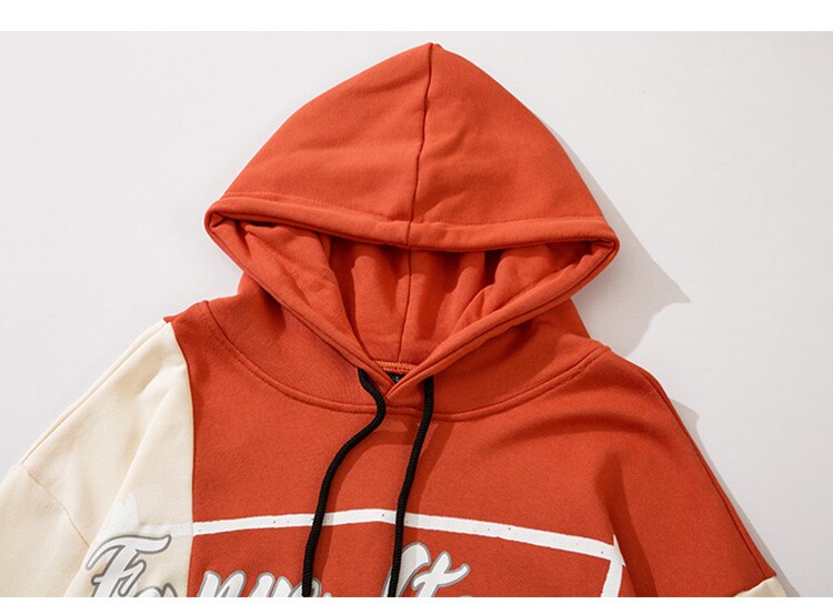 Hoodie Men Color Block Patchwork Letter Bear Print Hooded Pullover Couple Loose Cozy Retro Harajuku Hip Hop Streetwear
