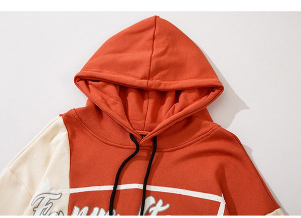 Hoodie Men Color Block Patchwork Letter Bear Print Hooded Pullover Couple Loose Cozy Retro Harajuku Hip Hop Streetwear