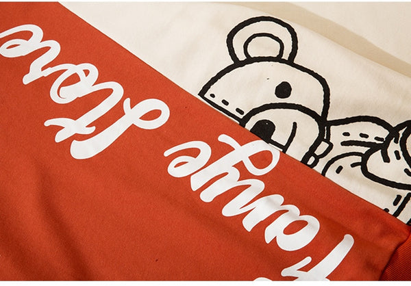 Hoodie Men Color Block Patchwork Letter Bear Print Hooded Pullover Couple Loose Cozy Retro Harajuku Hip Hop Streetwear