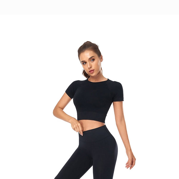 Seamless Yoga Suits Women Crop Top Short Sleeve Shirts Sport Pants Gym Leggings Sportswear Workout Active Set Fitness Clothes