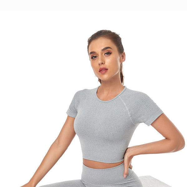 Seamless Yoga Suits Women Crop Top Short Sleeve Shirts Sport Pants Gym Leggings Sportswear Workout Active Set Fitness Clothes