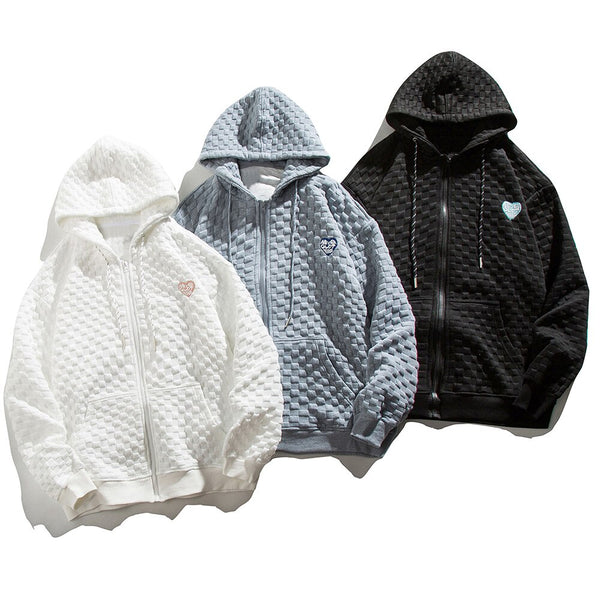 Zipper Hoodie Men Heart Embroidery Solid Plaid Hooded Coats Autumn Casual Harajuku All-match Fashion Streetwear Couple