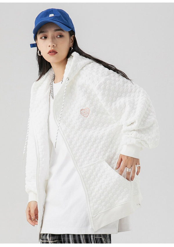 Zipper Hoodie Men Heart Embroidery Solid Plaid Hooded Coats Autumn Casual Harajuku All-match Fashion Streetwear Couple