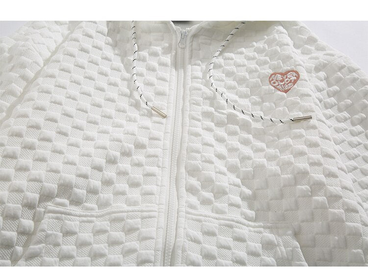 Zipper Hoodie Men Heart Embroidery Solid Plaid Hooded Coats Autumn Casual Harajuku All-match Fashion Streetwear Couple