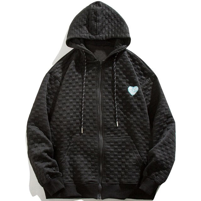 Zipper Hoodie Men Heart Embroidery Solid Plaid Hooded Coats Autumn Casual Harajuku All-match Fashion Streetwear Couple