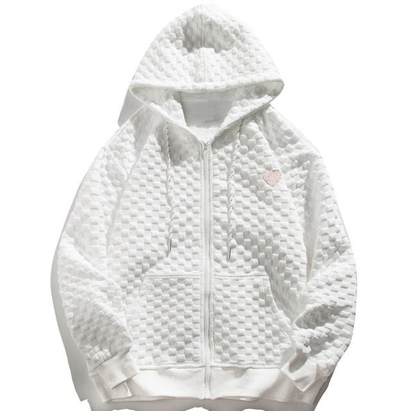 Zipper Hoodie Men Heart Embroidery Solid Plaid Hooded Coats Autumn Casual Harajuku All-match Fashion Streetwear Couple