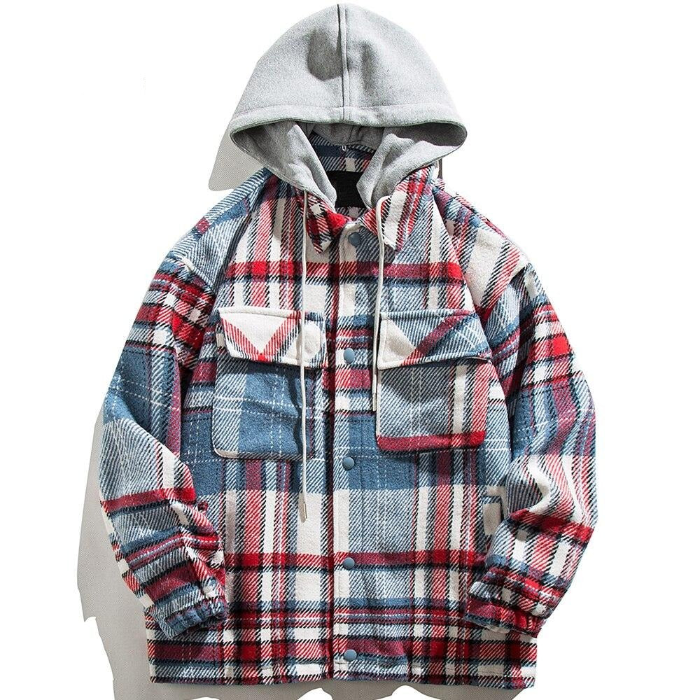 Plaid Print Pocket Hooded Jacket Coat Couple Loose Retro All-match Casual Outwear Autumn High Street Fashion Streetwear