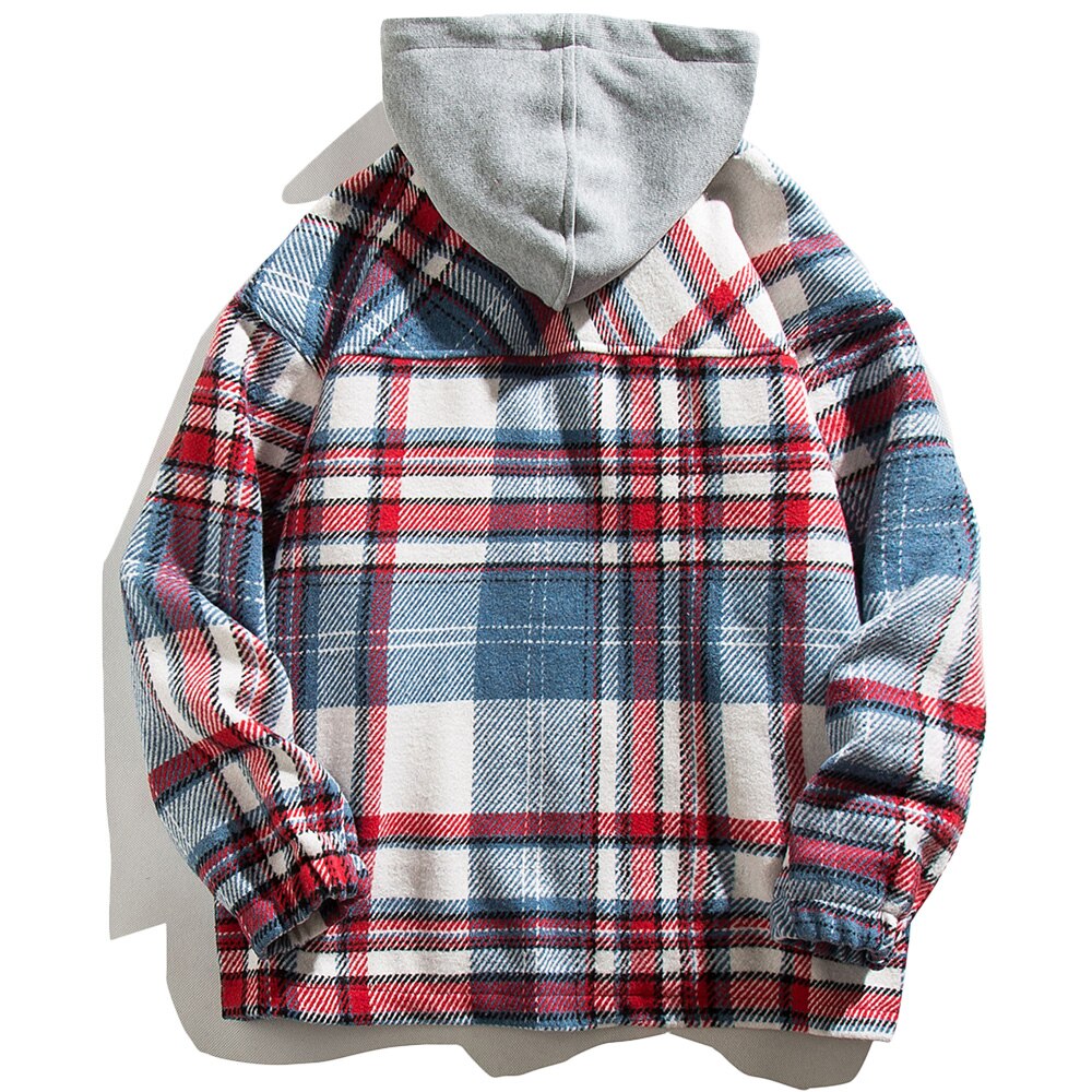 Plaid Print Pocket Hooded Jacket Coat Couple Loose Retro All-match Casual Outwear Autumn High Street Fashion Streetwear