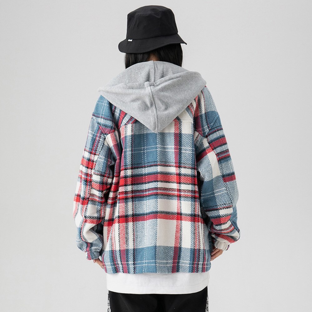 Plaid Print Pocket Hooded Jacket Coat Couple Loose Retro All-match Casual Outwear Autumn High Street Fashion Streetwear