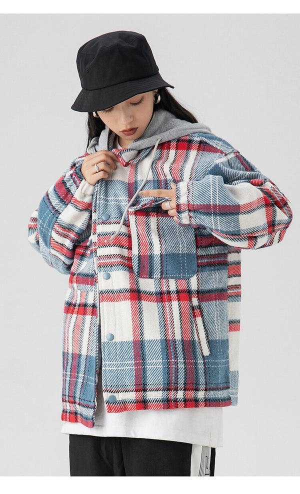 Plaid Print Pocket Hooded Jacket Coat Couple Loose Retro All-match Casual Outwear Autumn High Street Fashion Streetwear