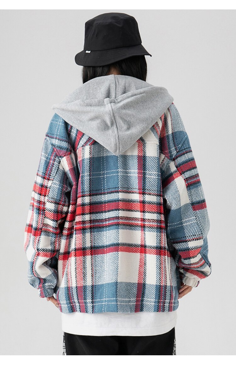 Plaid Print Pocket Hooded Jacket Coat Couple Loose Retro All-match Casual Outwear Autumn High Street Fashion Streetwear