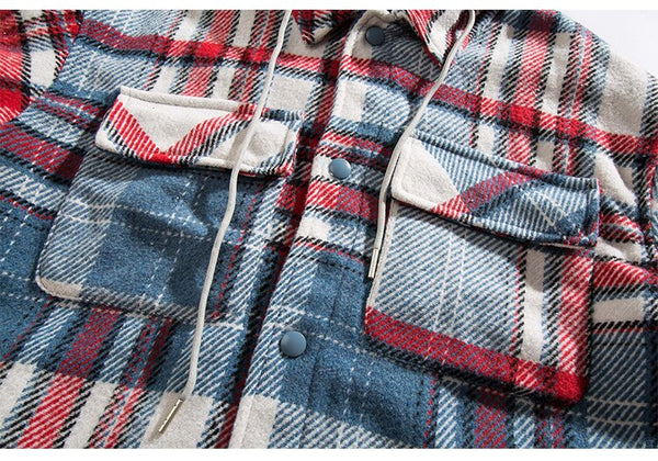 Plaid Print Pocket Hooded Jacket Coat Couple Loose Retro All-match Casual Outwear Autumn High Street Fashion Streetwear