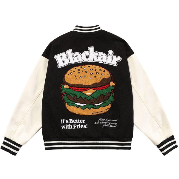 Men Hamburger Patch Letter Embroidery Bomber Jacket Autumn Loose Harajuku Hip Hop Fashion Baseball Coats Couple Outwear