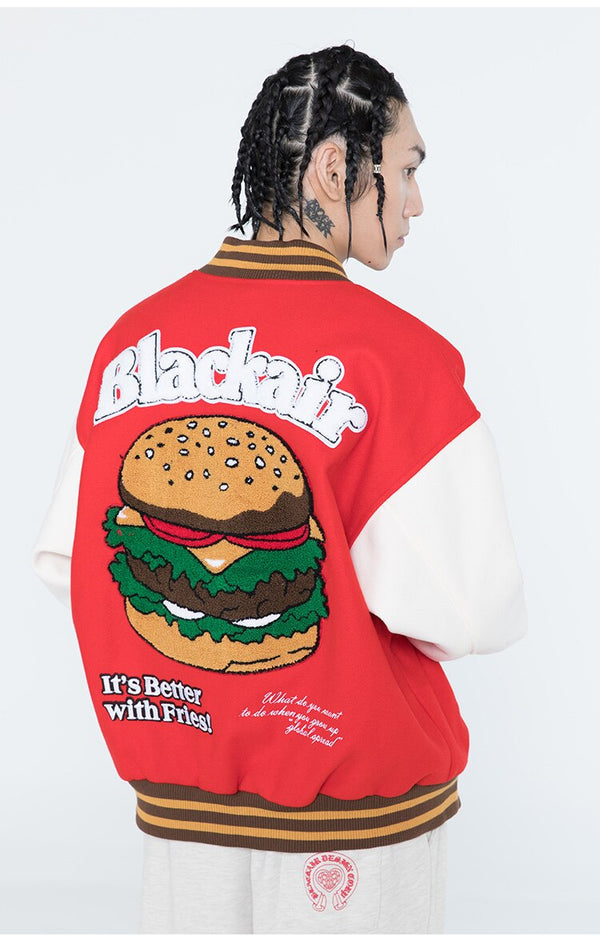Men Hamburger Patch Letter Embroidery Bomber Jacket Autumn Loose Harajuku Hip Hop Fashion Baseball Coats Couple Outwear