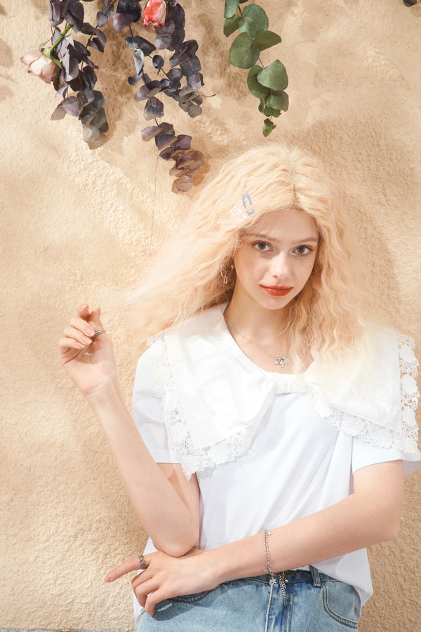 Solid Pure Contrast Lace Casual Pullover T-Shirts Women Summer Hollow Out Short Sleeve Korean Ladies Daily Tee | Vimost Shop.