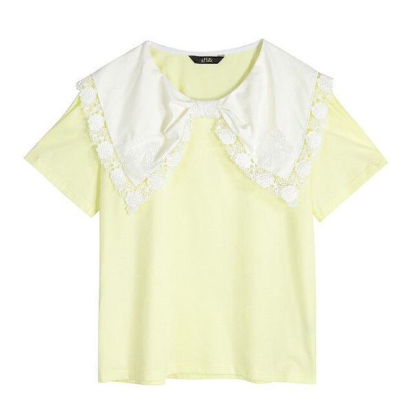 Solid Pure Contrast Lace Casual Pullover T-Shirts Women Summer Hollow Out Short Sleeve Korean Ladies Daily Tee | Vimost Shop.