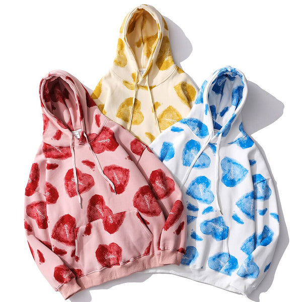 Hoodie Men Heart Inkjet Letter Printed Big Pocket Hooded Pullover Soft Cozy Plus Velvet High Street Harajuku Streetwear