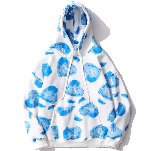 Hoodie Men Heart Inkjet Letter Printed Big Pocket Hooded Pullover Soft Cozy Plus Velvet High Street Harajuku Streetwear