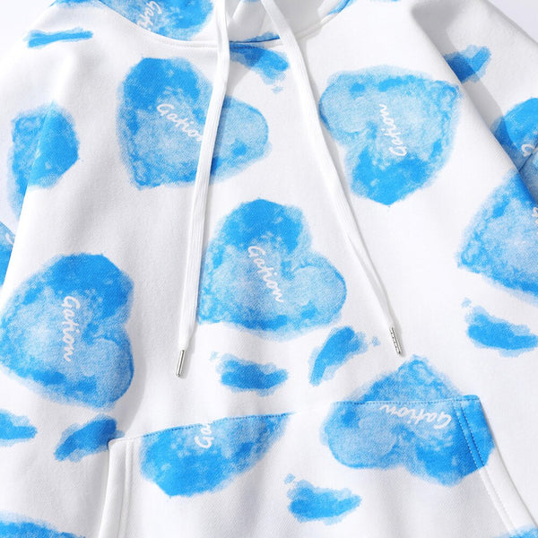 Hoodie Men Heart Inkjet Letter Printed Big Pocket Hooded Pullover Soft Cozy Plus Velvet High Street Harajuku Streetwear