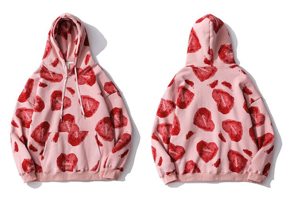 Hoodie Men Heart Inkjet Letter Printed Big Pocket Hooded Pullover Soft Cozy Plus Velvet High Street Harajuku Streetwear