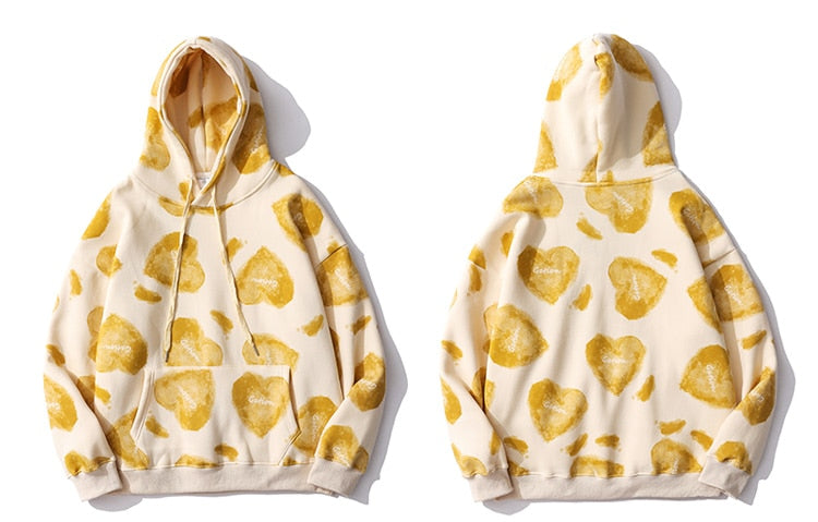 Hoodie Men Heart Inkjet Letter Printed Big Pocket Hooded Pullover Soft Cozy Plus Velvet High Street Harajuku Streetwear