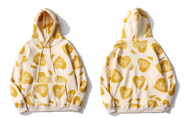 Hoodie Men Heart Inkjet Letter Printed Big Pocket Hooded Pullover Soft Cozy Plus Velvet High Street Harajuku Streetwear