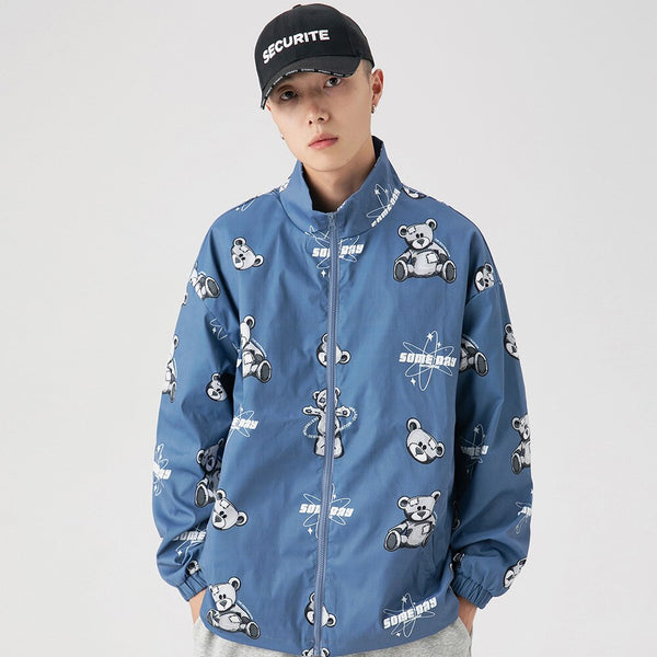 Track Jacket Men Bear Letter Print Zipper Windbreaker Coat Autumn Casual Baggy Fashion Hip Hop Jacket Couple Streetwear