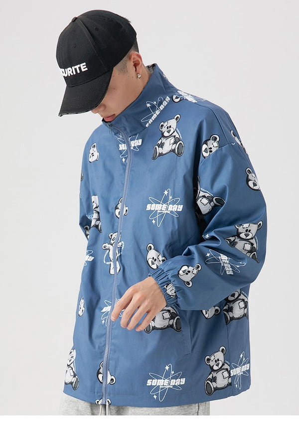 Track Jacket Men Bear Letter Print Zipper Windbreaker Coat Autumn Casual Baggy Fashion Hip Hop Jacket Couple Streetwear