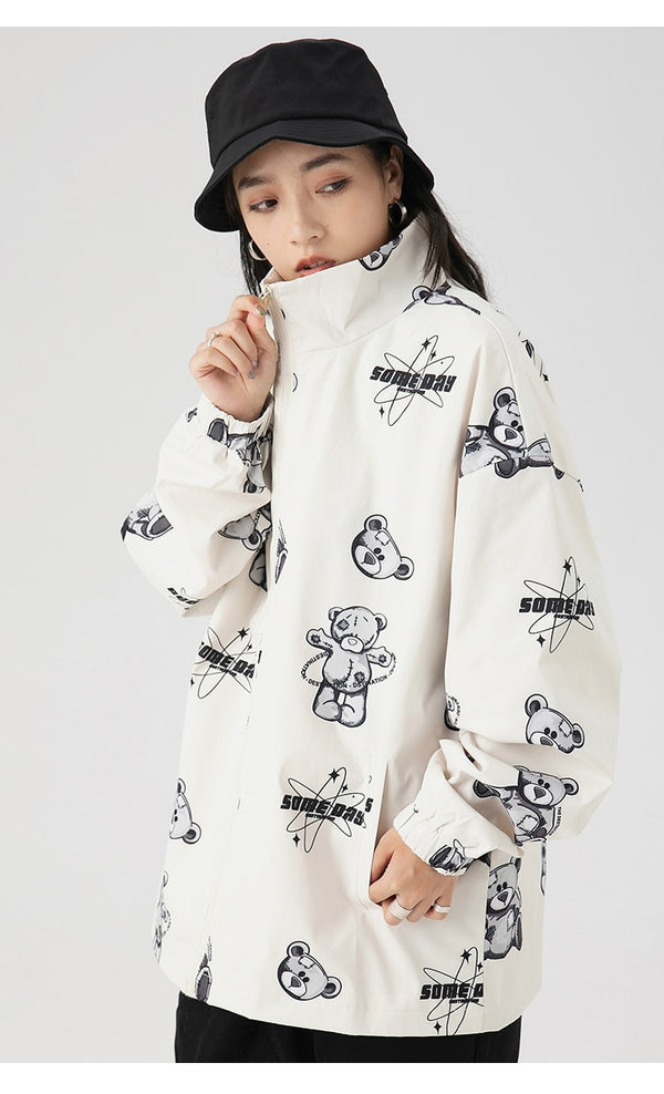 Track Jacket Men Bear Letter Print Zipper Windbreaker Coat Autumn Casual Baggy Fashion Hip Hop Jacket Couple Streetwear