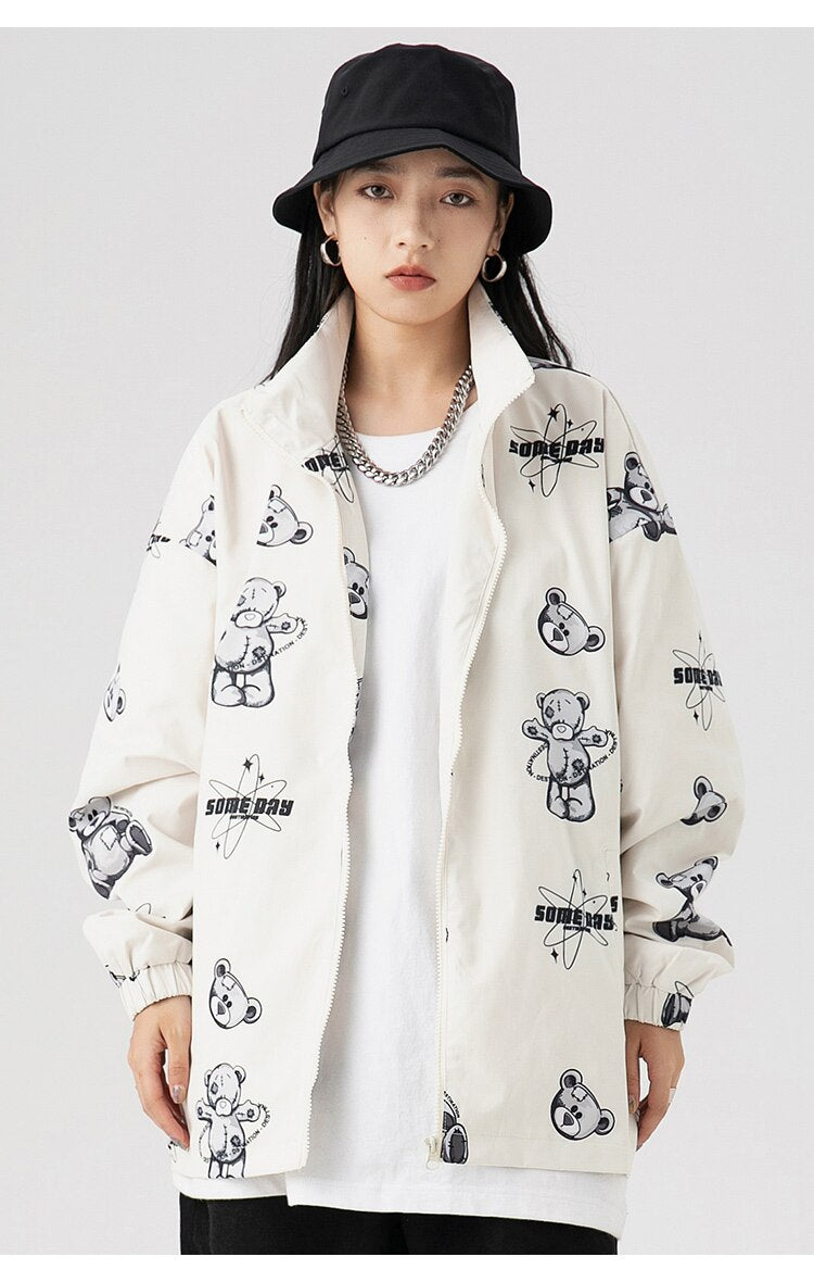 Track Jacket Men Bear Letter Print Zipper Windbreaker Coat Autumn Casual Baggy Fashion Hip Hop Jacket Couple Streetwear