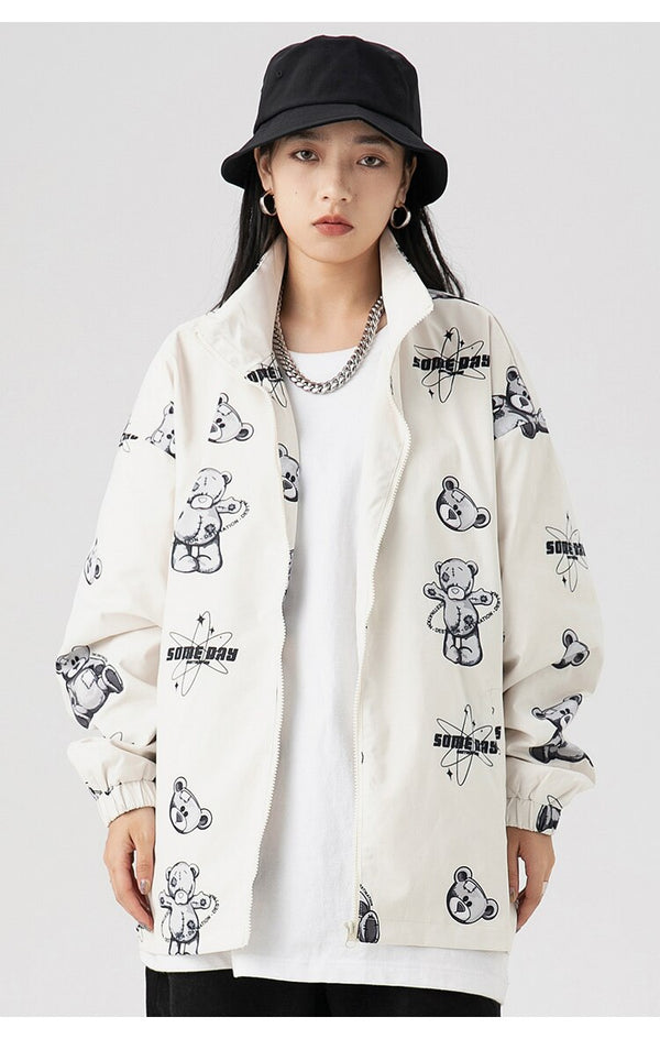 Track Jacket Men Bear Letter Print Zipper Windbreaker Coat Autumn Casual Baggy Fashion Hip Hop Jacket Couple Streetwear