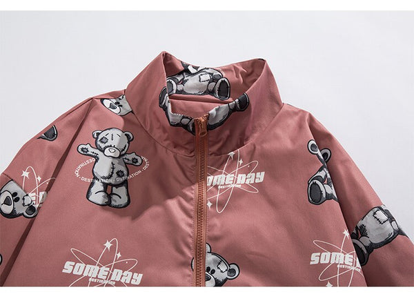 Track Jacket Men Bear Letter Print Zipper Windbreaker Coat Autumn Casual Baggy Fashion Hip Hop Jacket Couple Streetwear