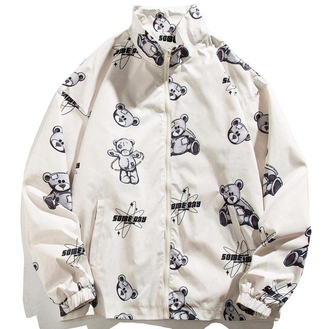 Track Jacket Men Bear Letter Print Zipper Windbreaker Coat Autumn Casual Baggy Fashion Hip Hop Jacket Couple Streetwear