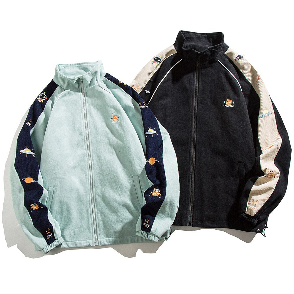 Zipper Jacket Men Robot Embroidery Patchwork Color Varsity Coat Couple Fashion Harajuku College Style Streetwear Autumn