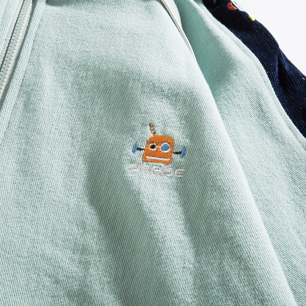 Zipper Jacket Men Robot Embroidery Patchwork Color Varsity Coat Couple Fashion Harajuku College Style Streetwear Autumn