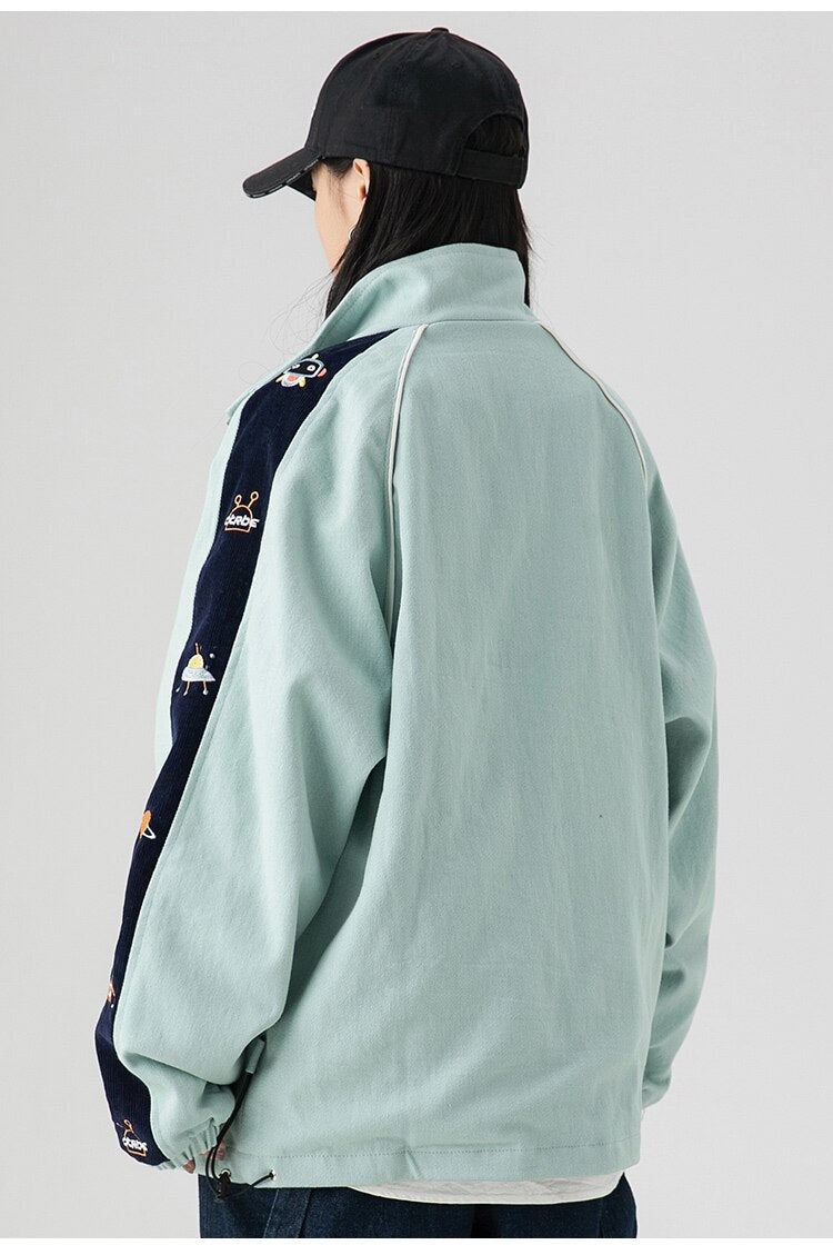 Zipper Jacket Men Robot Embroidery Patchwork Color Varsity Coat Couple Fashion Harajuku College Style Streetwear Autumn