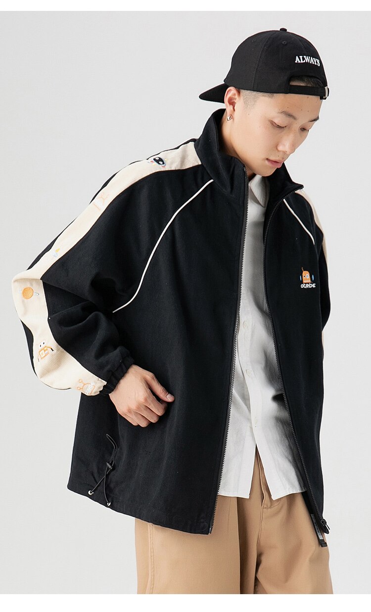 Zipper Jacket Men Robot Embroidery Patchwork Color Varsity Coat Couple Fashion Harajuku College Style Streetwear Autumn