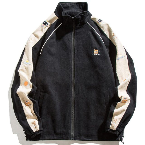 Zipper Jacket Men Robot Embroidery Patchwork Color Varsity Coat Couple Fashion Harajuku College Style Streetwear Autumn