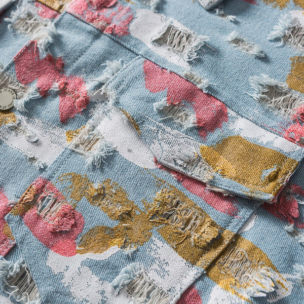 Watercolor Graffiti Hole Ripped Denim Jacket Men Fashion Hip Hop Style Cowboy Jacket Coats Autumn Baggy Cool Streetwear