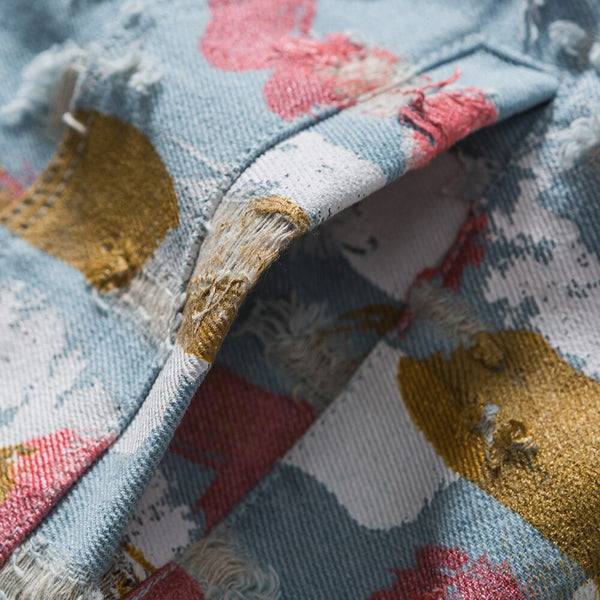 Watercolor Graffiti Hole Ripped Denim Jacket Men Fashion Hip Hop Style Cowboy Jacket Coats Autumn Baggy Cool Streetwear
