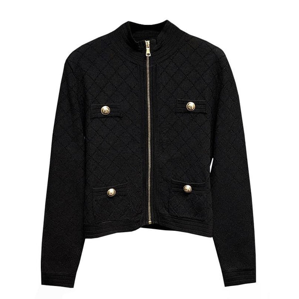 Spring Fall Zipper Knit Cardigan All-Match Black&White Long Sleeve Temperament Women Slim Sweater Outwear Harajuku